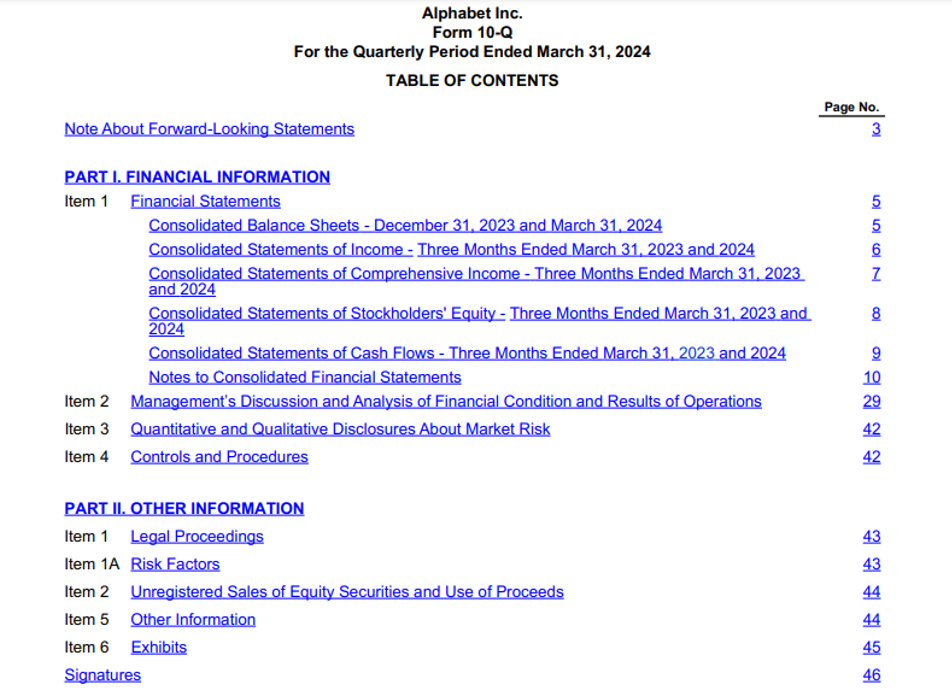 alphabet form 10-q table of content