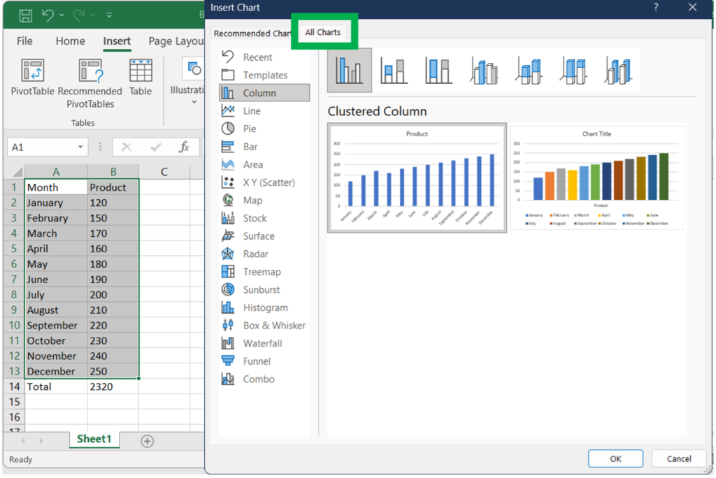 inserting charts in Excel