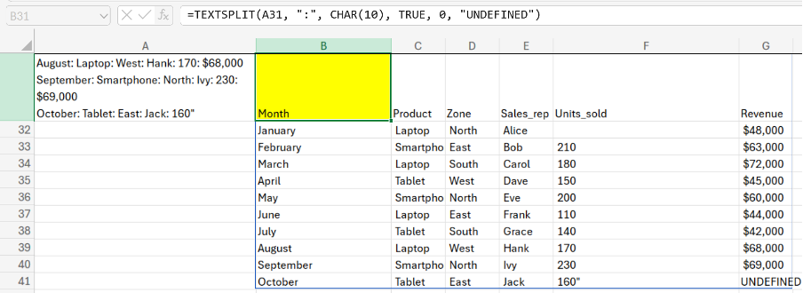 textsplit function in excel