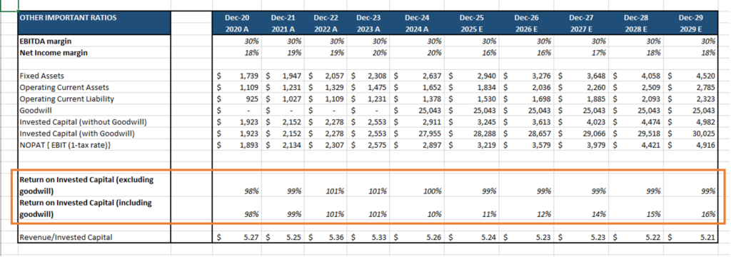 lbo financial model - roic including and excluding goodwill